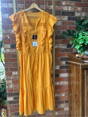 Kaari Blue  Mustard Yellow Brand New with Tags 100% Cotton Maxi Dress w/Slip